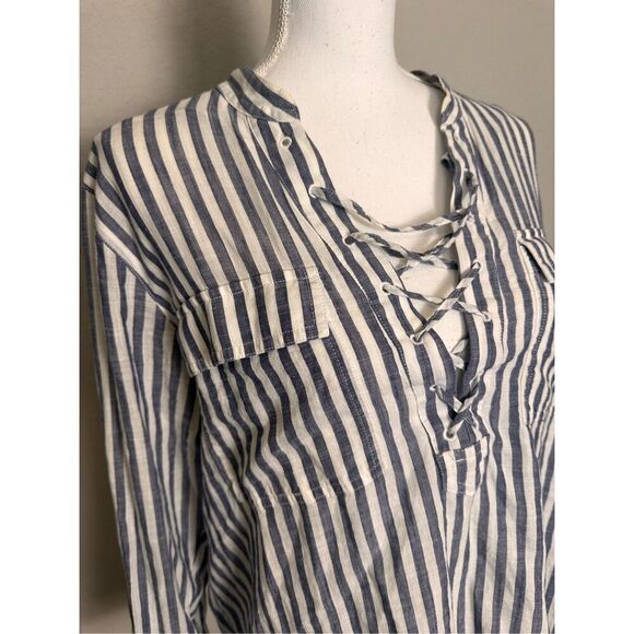 Madewell Blue White Stripe Lace up Blouse Cotton Medium - Picture 2 of 6